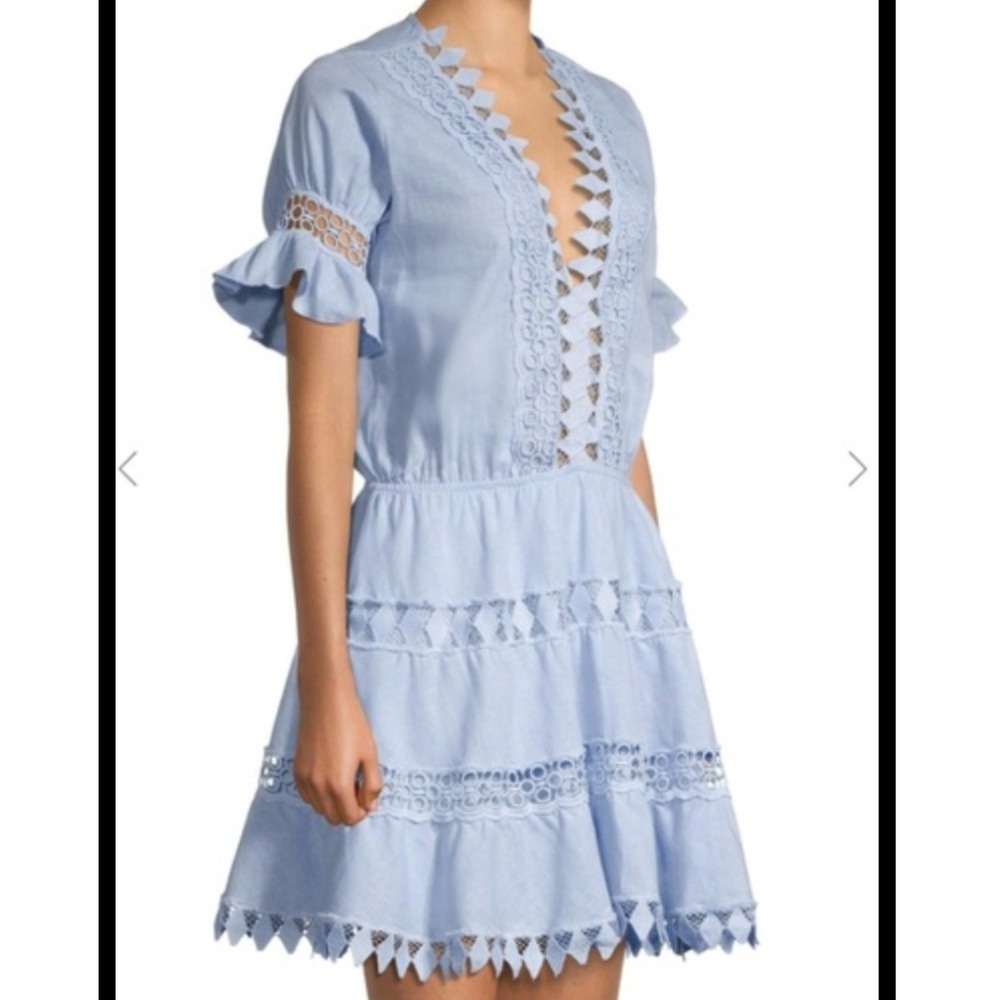 Peixoto Blue Cotton Crochet Lace Mini Dress Ruffle Sleeve Size Large 0990